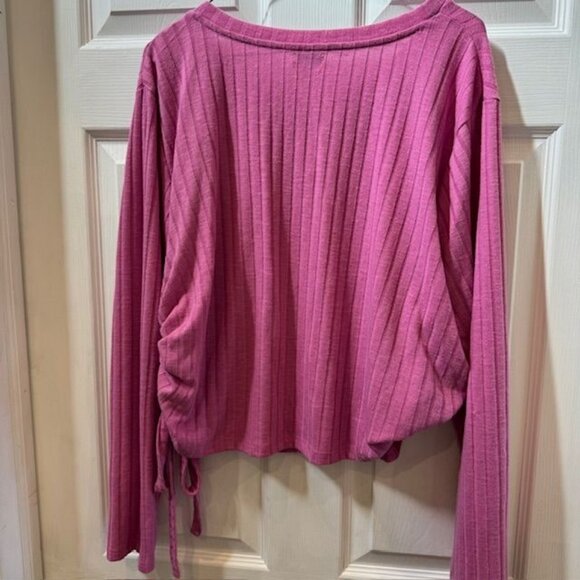Love Fire Ribbed Pink Long-Sleeve Knit Top With Adjustable Side Drawstring Detai - Picture 5 of 6